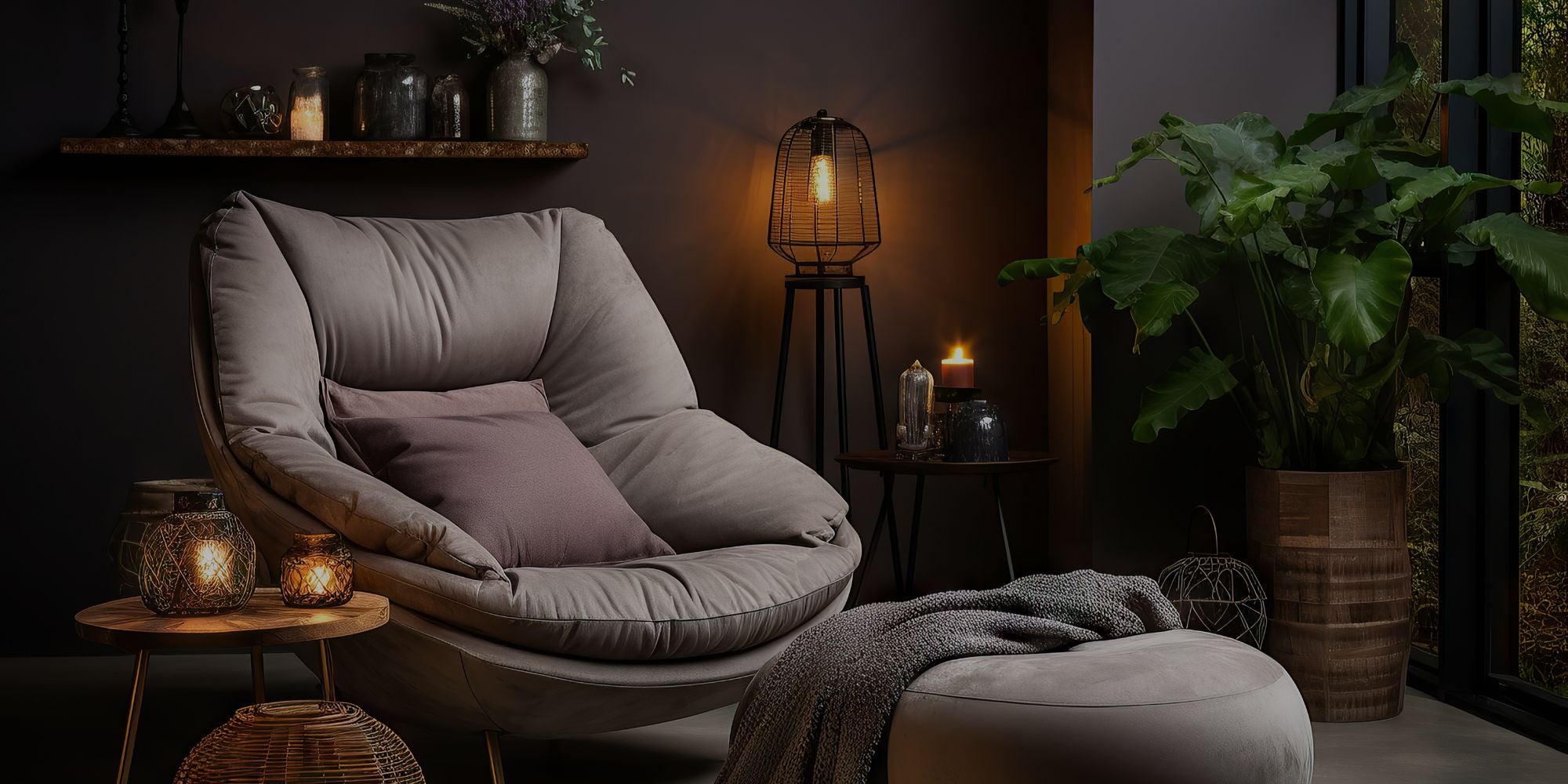 Cozy living room with a gray armchair and ottoman, surrounded by plants and candles.