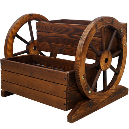 Wooden Wagon Planter Box with Two Tiers and Wheels - Fir Wood