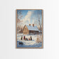 Snowy Country Homestead Framed Canvas Print, Winter Family Gathering Outside Farmhouse, Rustic Christmas Wall Art Holiday Seasonal Decor