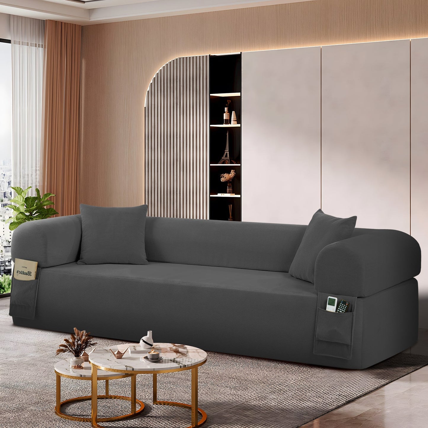 Gray Spring Sofa with Fabric Pillows and Storage