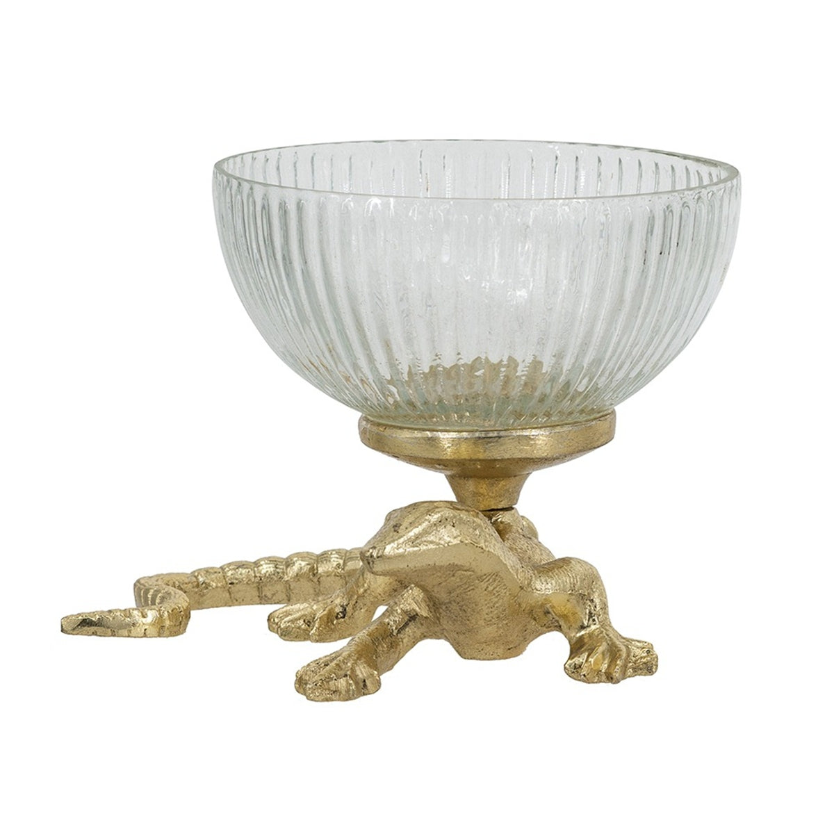 Gold Lizard Pedestal Bowl Ribbed Glass Dish Decorative Home Accent