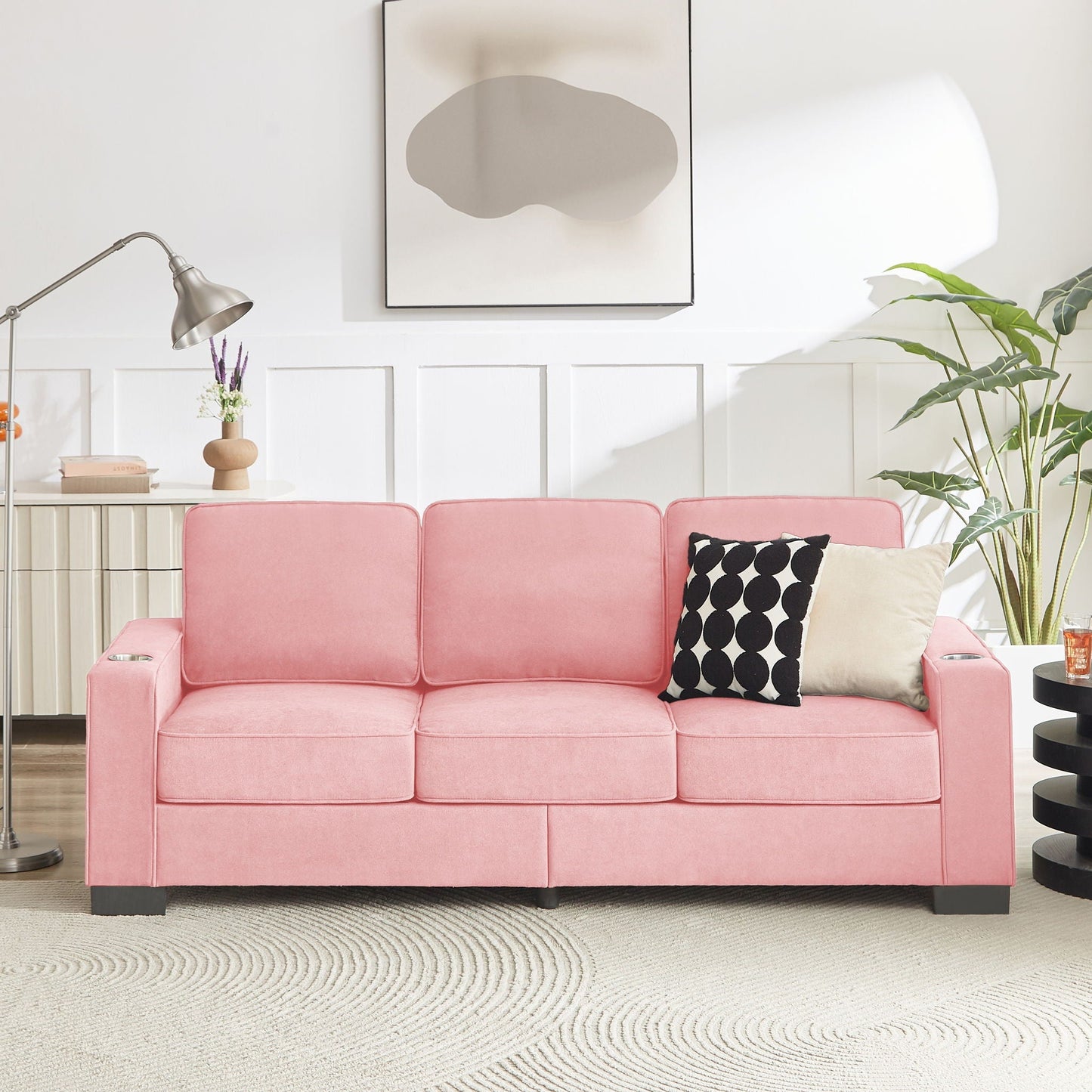 Modern Snowfleece 3-Seater Sofa with Built-In Cup Holders