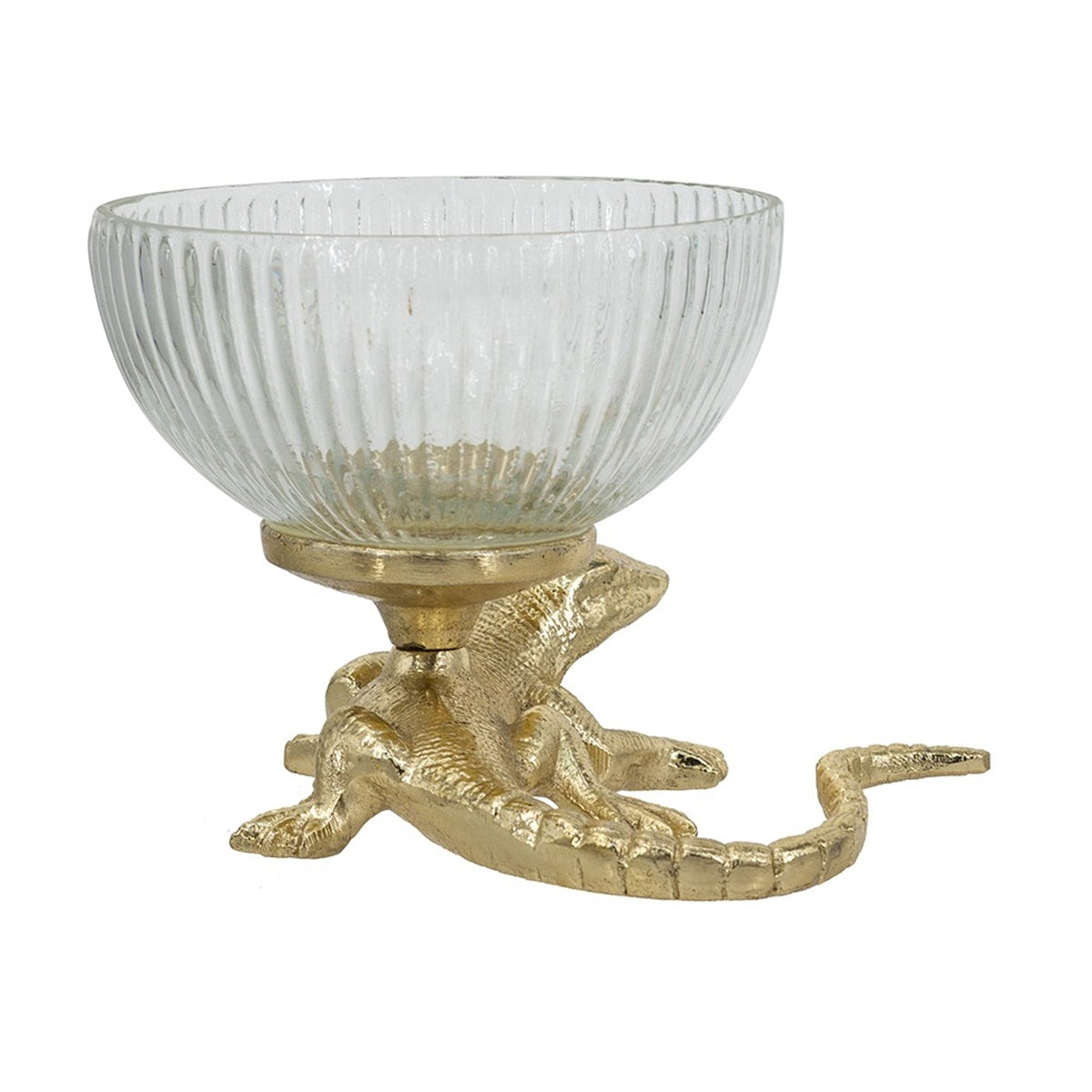 Gold Lizard Pedestal Bowl Ribbed Glass Dish Decorative Home Accent