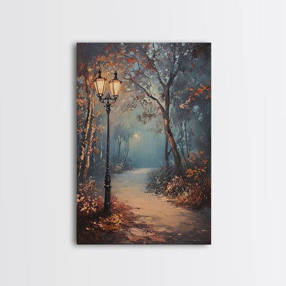 Spooky Street Lights In The City Park, Framed Canvas Print, Wood Framed Wall Art, Fall Decor, Holiday Decor, Seasonal Gift Idea