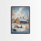 Snowy Country Homestead Framed Canvas Print, Winter Family Gathering Outside Farmhouse, Rustic Christmas Wall Art Holiday Seasonal Decor