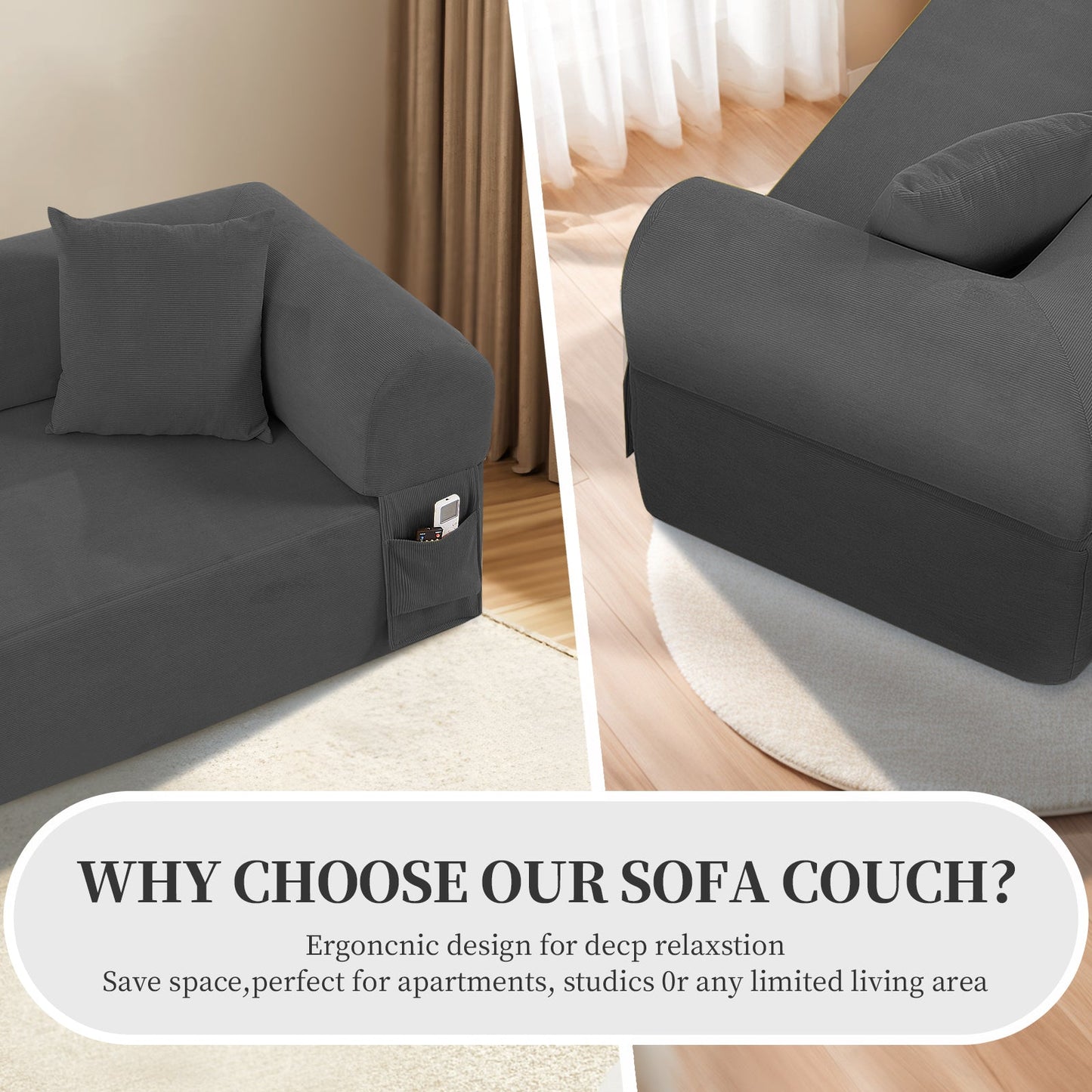 Gray Spring Sofa with Fabric Pillows and Storage