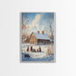 Snowy Country Homestead Framed Canvas Print, Winter Family Gathering Outside Farmhouse, Rustic Christmas Wall Art Holiday Seasonal Decor