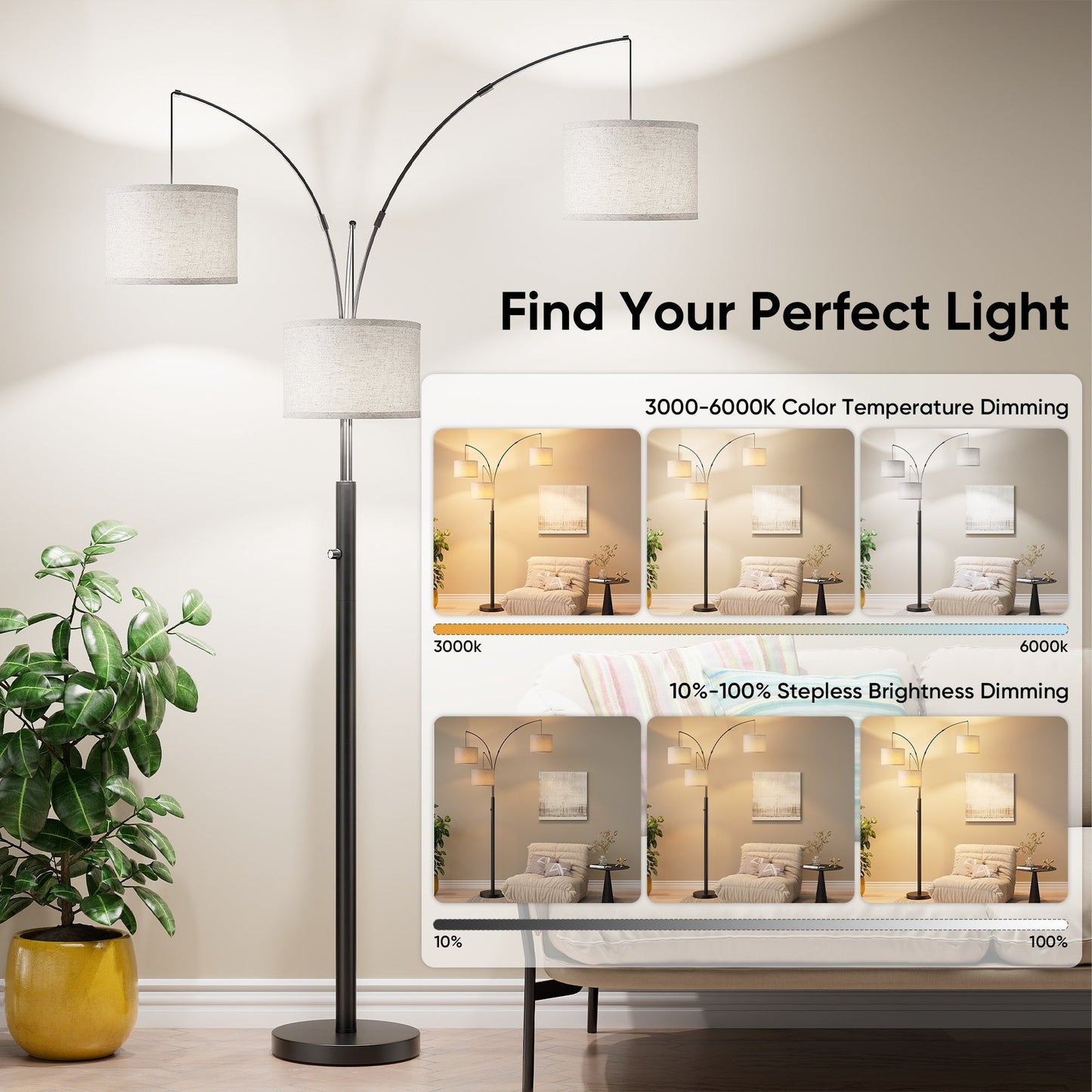 Dimmable Three-Head Floor Lamp with Color Temperature Control