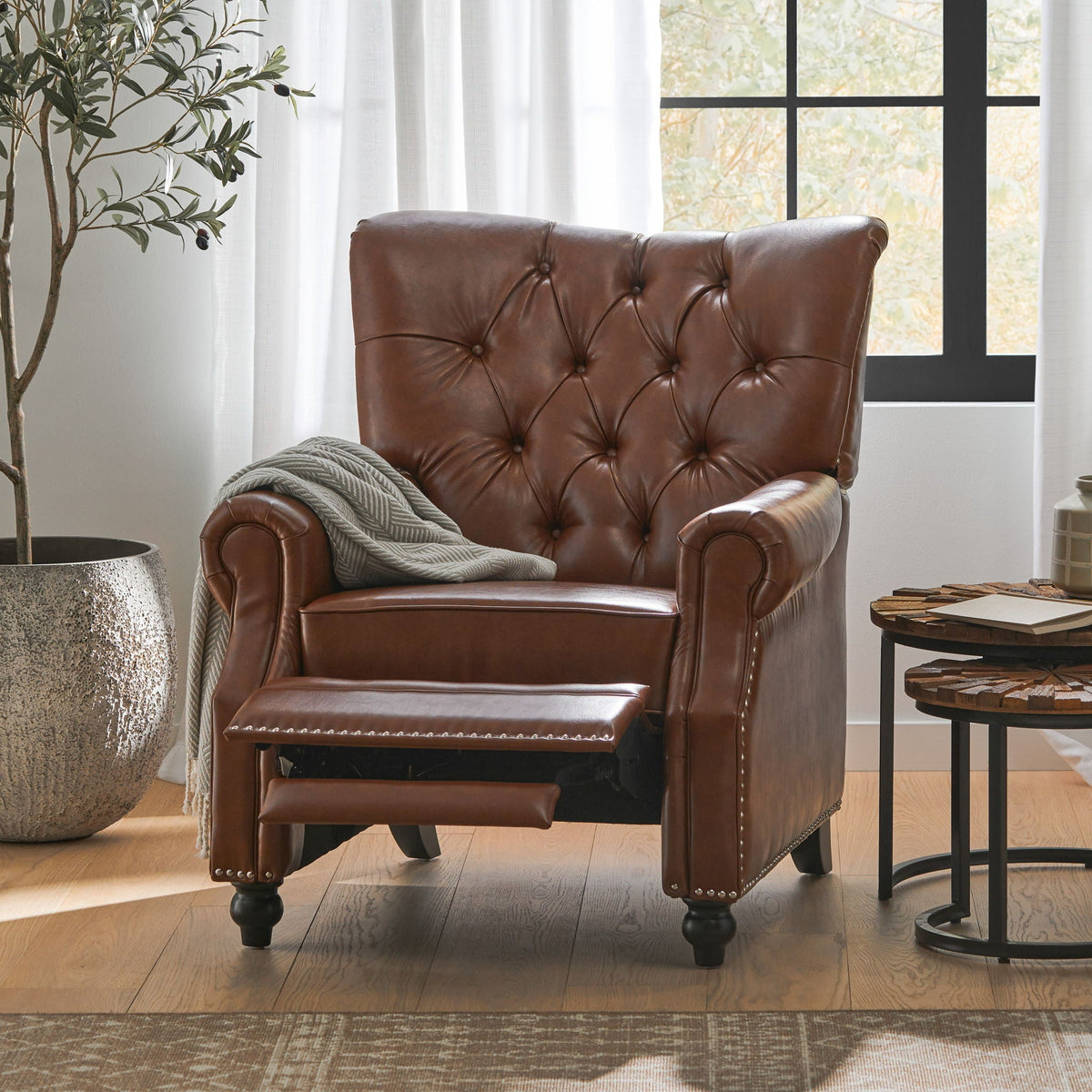 Welch Contemporary Tufted Pushback Recliner with Nailhead Trim - Beige or Light Brown
