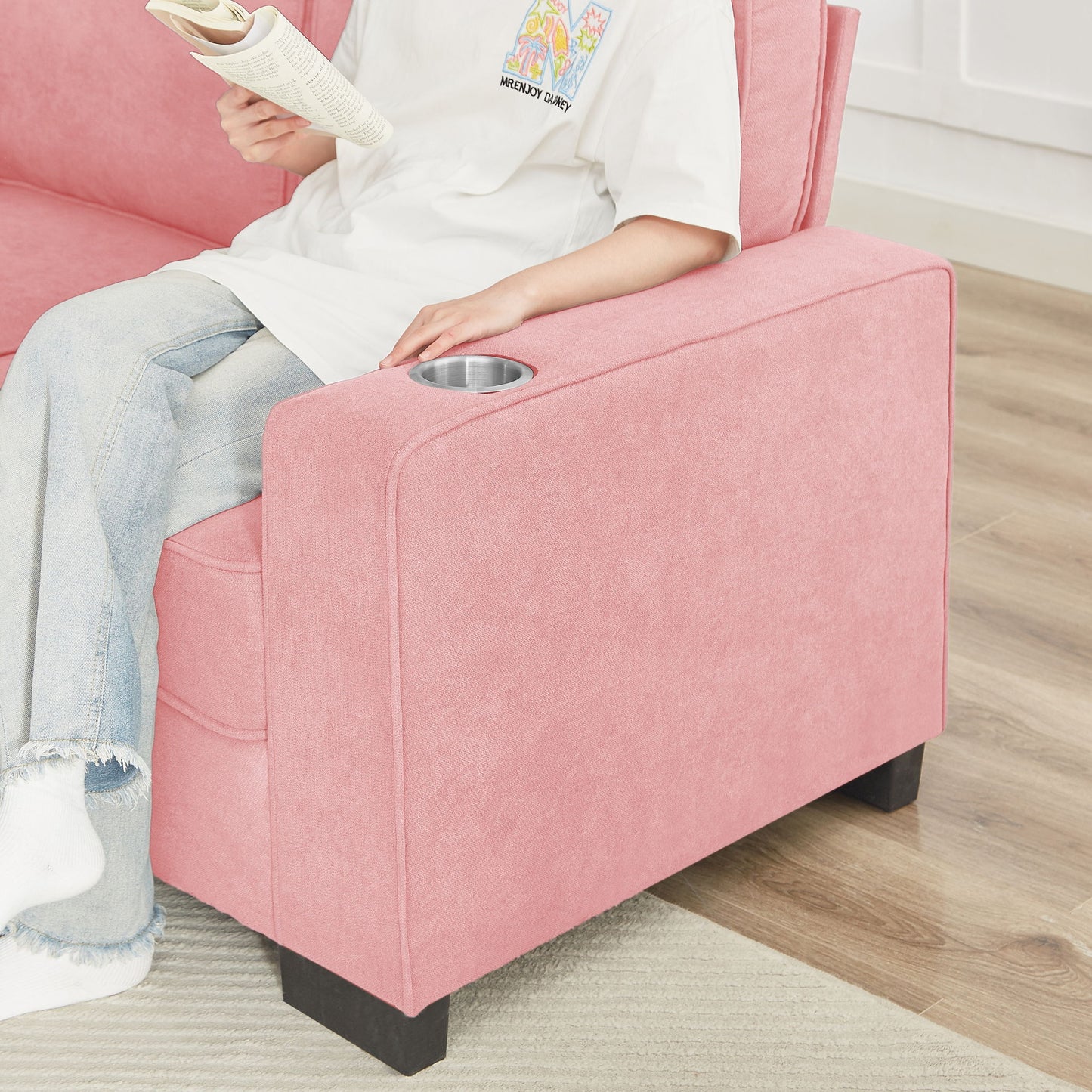 Modern Snowfleece 3-Seater Sofa with Built-In Cup Holders