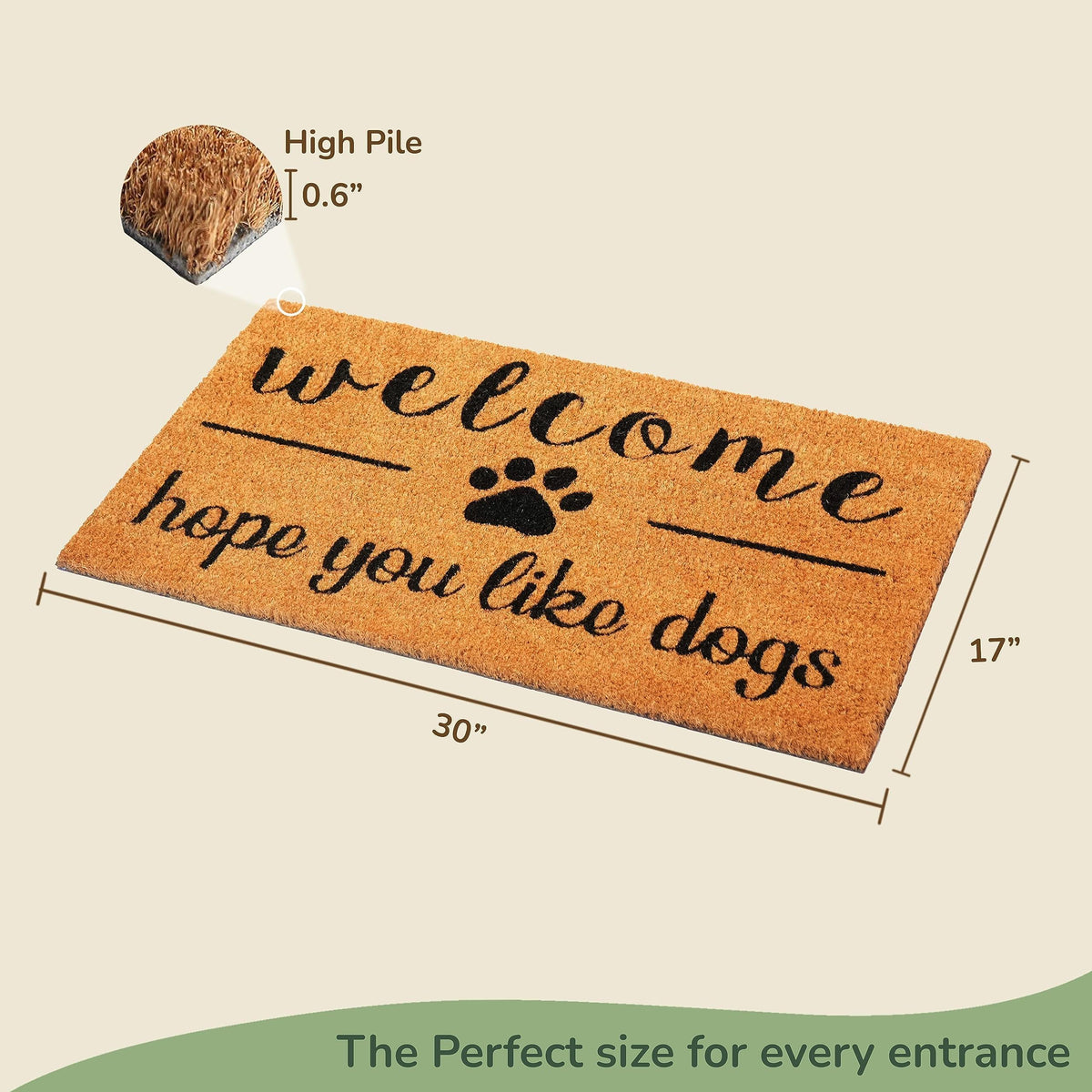 Coir Doormat Non-Slip PVC Backing 'Hope You Like Dogs' Print 30x17 in Beige & Black