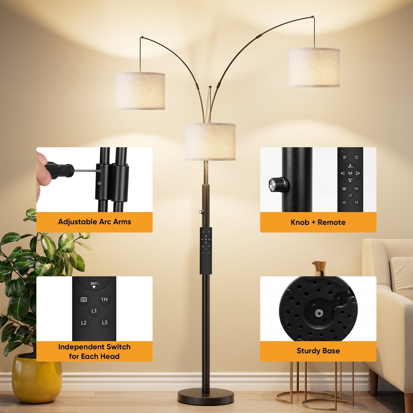 Dimmable Three-Head Floor Lamp with Color Temperature Control