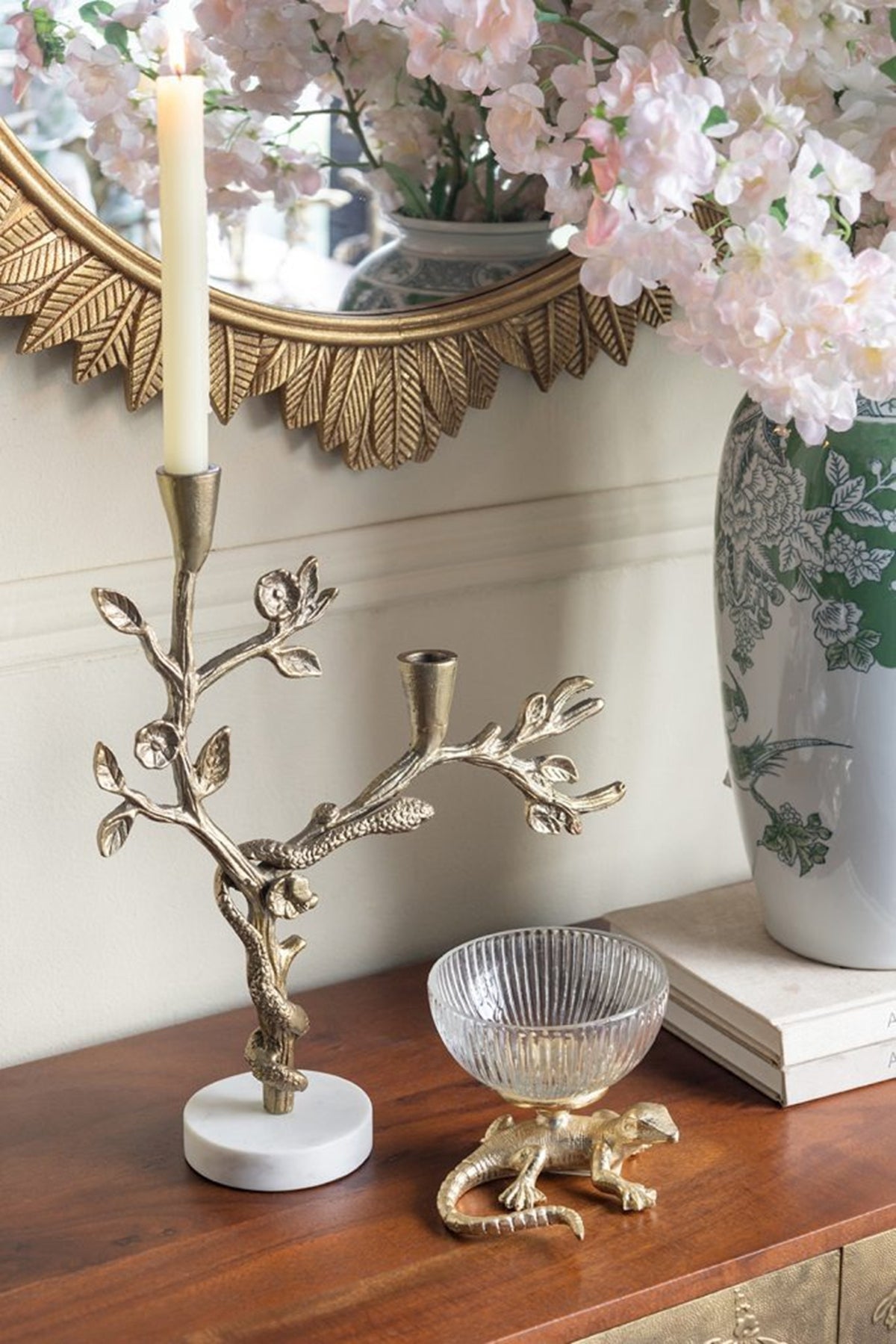 Gold Lizard Pedestal Bowl Ribbed Glass Dish Decorative Home Accent