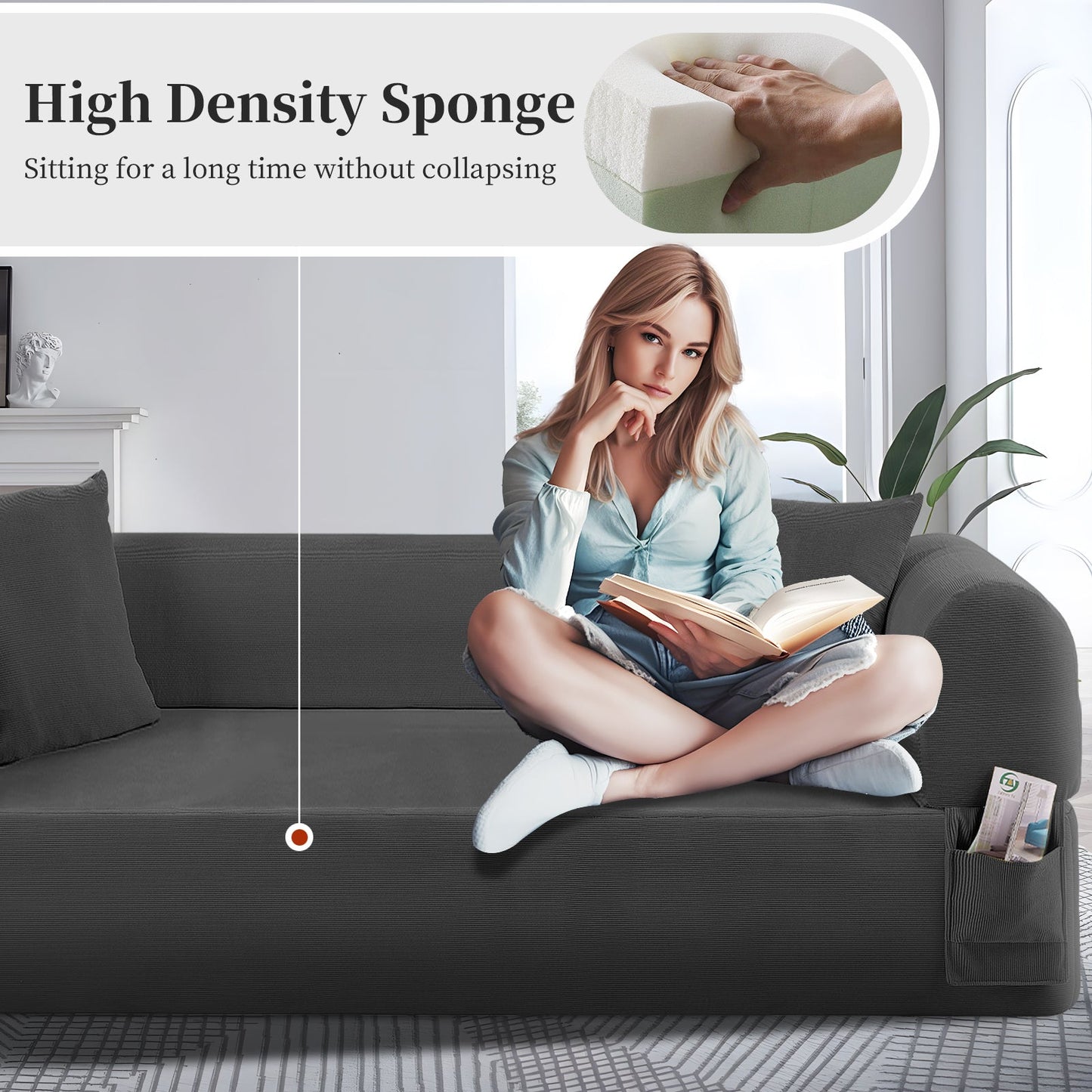 Gray Spring Sofa with Fabric Pillows and Storage