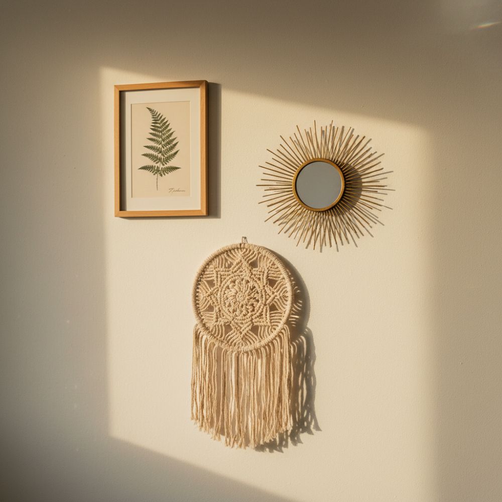Decorative wall art including a framed plant print, sunburst mirror, and dreamcatcher on a beige wall.