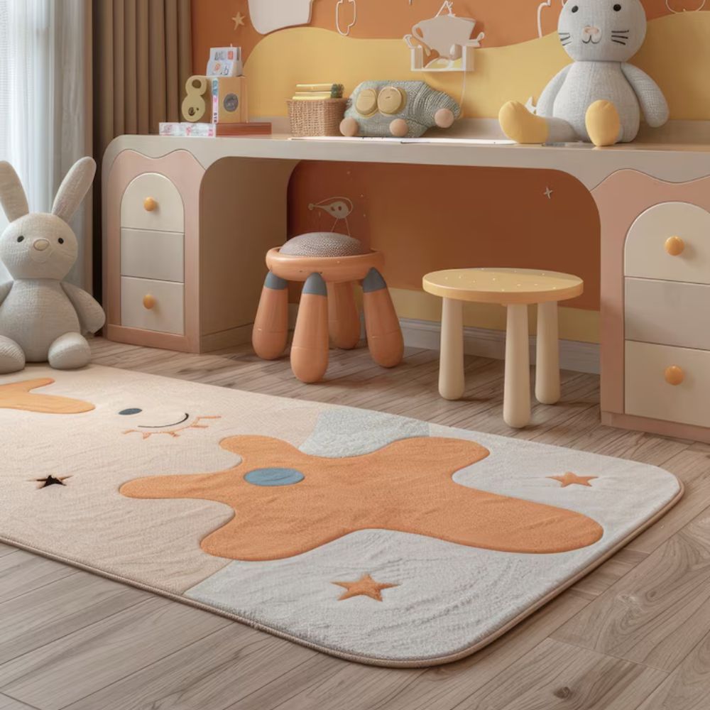 Children's room with a star-shaped rug, wooden furniture, and plush toys.