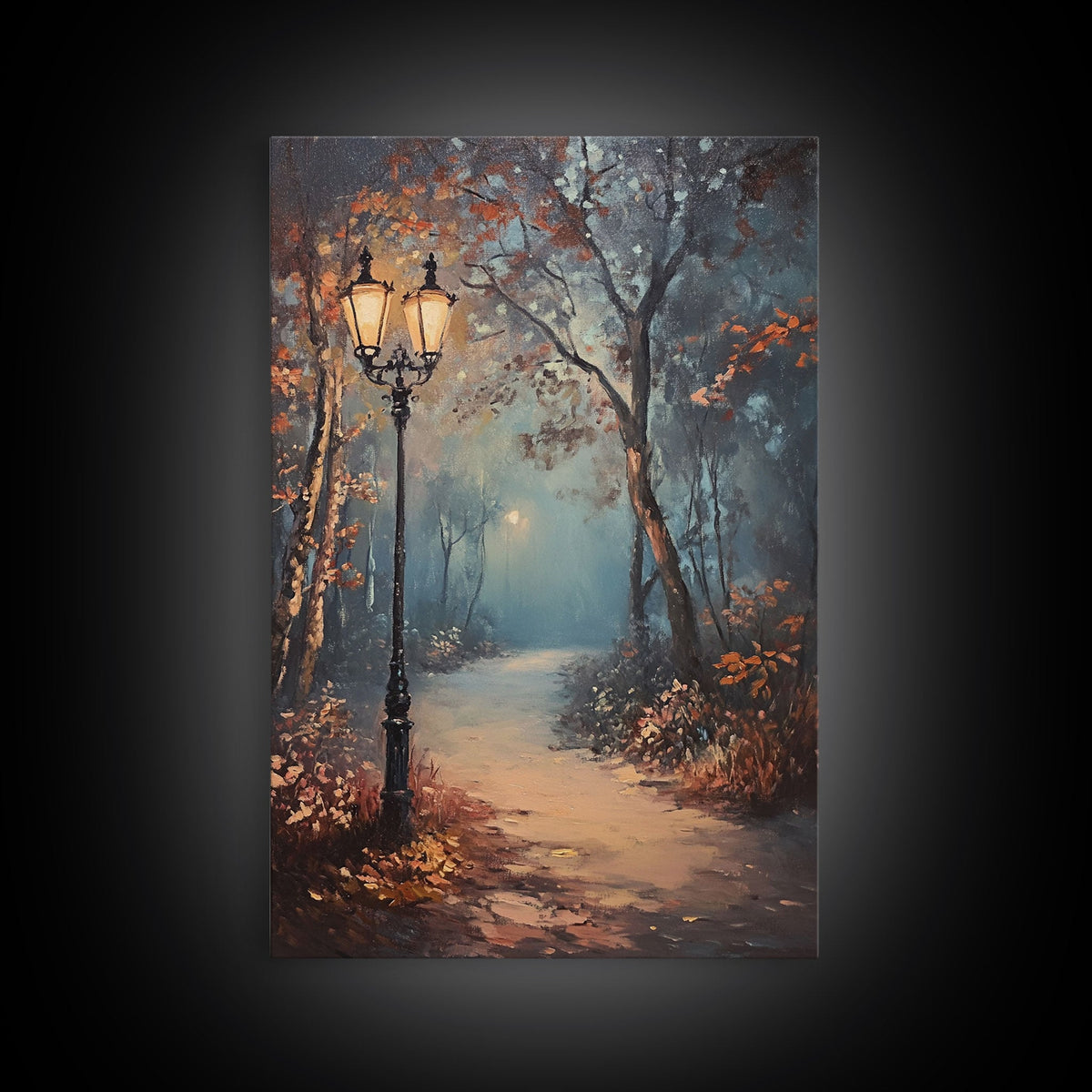 Spooky Street Lights In The City Park, Framed Canvas Print, Wood Framed Wall Art, Fall Decor, Holiday Decor, Seasonal Gift Idea