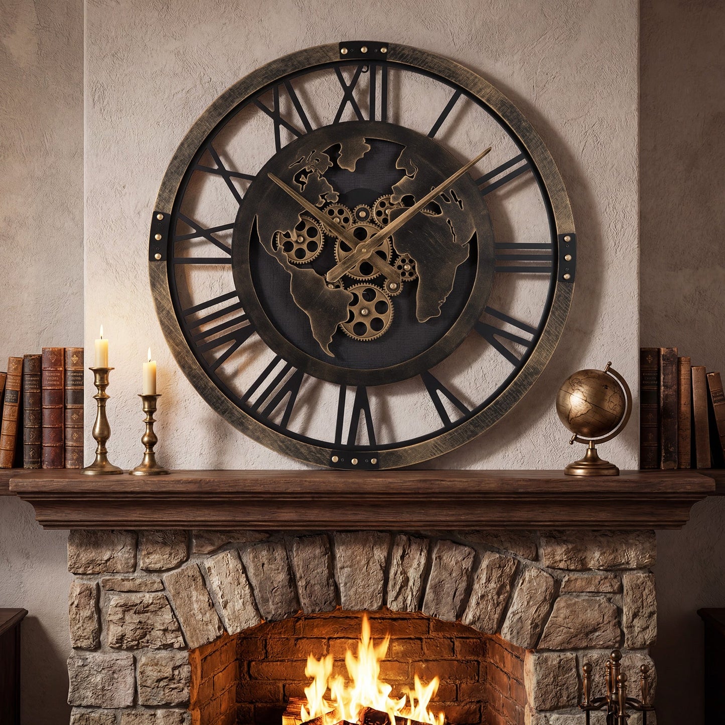 27-Inch Gear Wall Clock with World Map Design