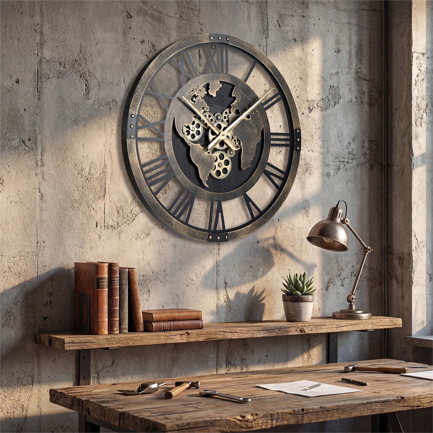 27-Inch Gear Wall Clock with World Map Design
