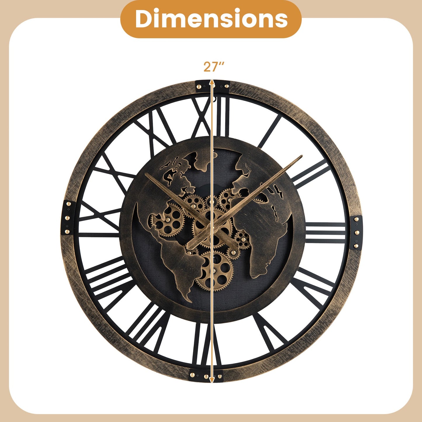 27-Inch Gear Wall Clock with World Map Design