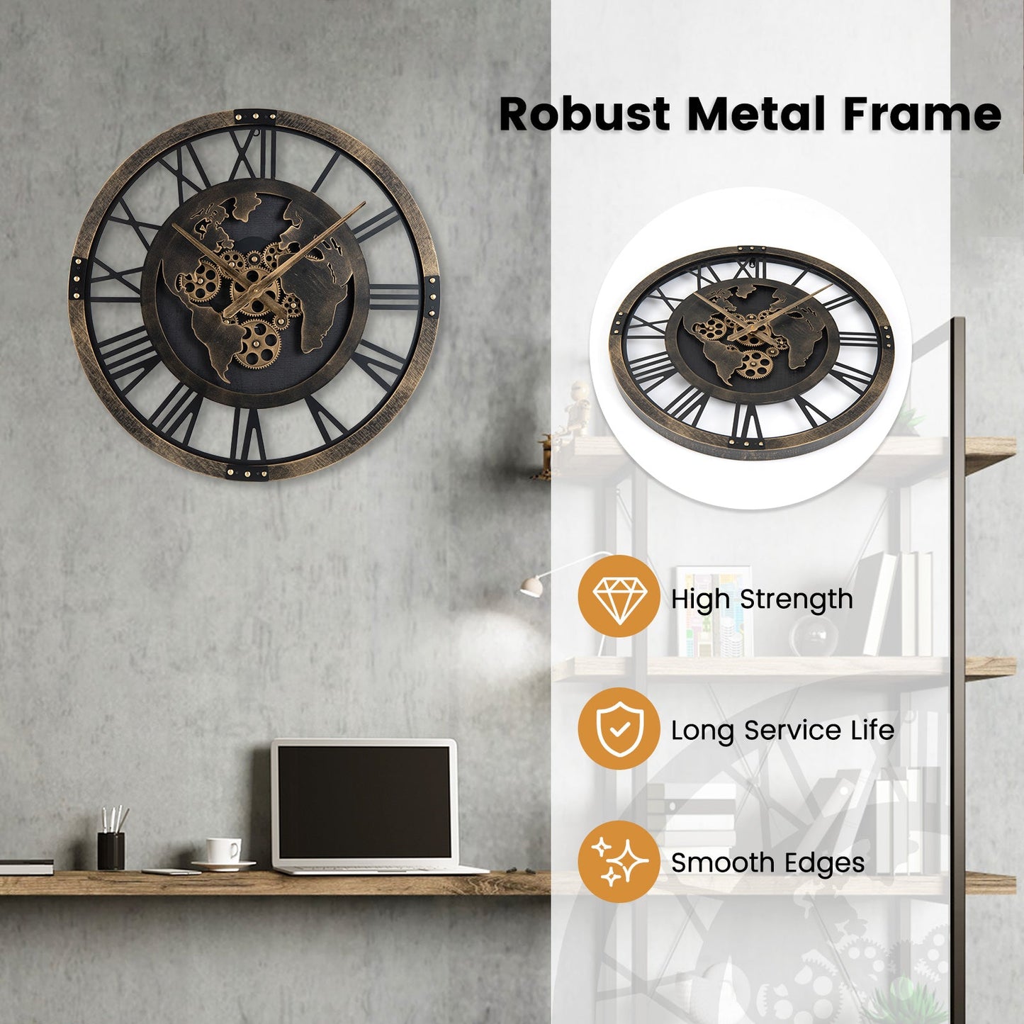 27-Inch Gear Wall Clock with World Map Design