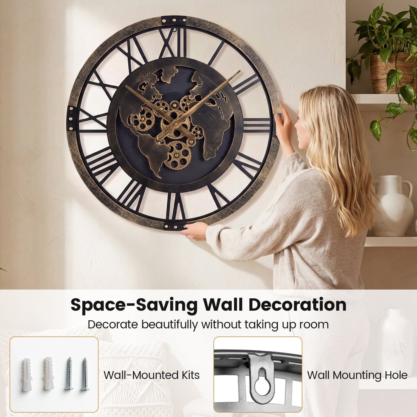 27-Inch Gear Wall Clock with World Map Design