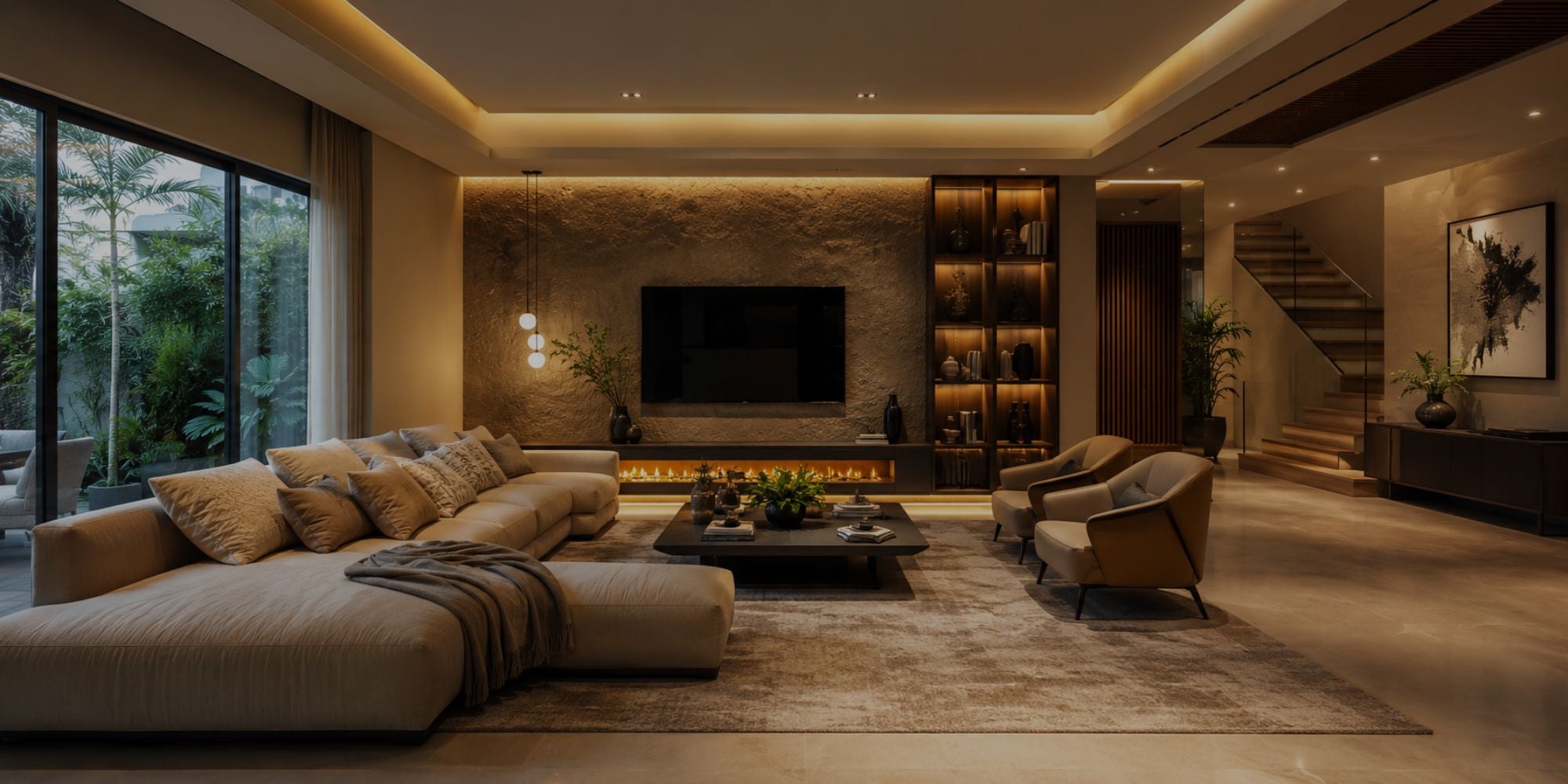 Modern living room with a large sofa, coffee table, and television.