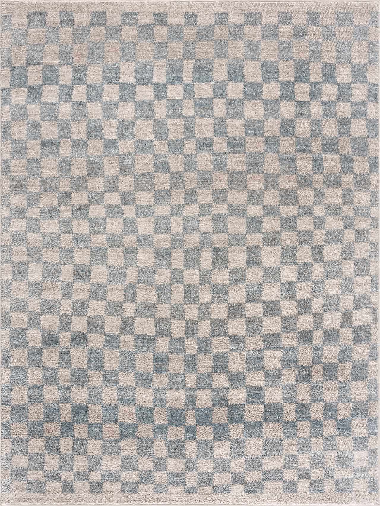 Cream Light Blue Checkered Area Rug