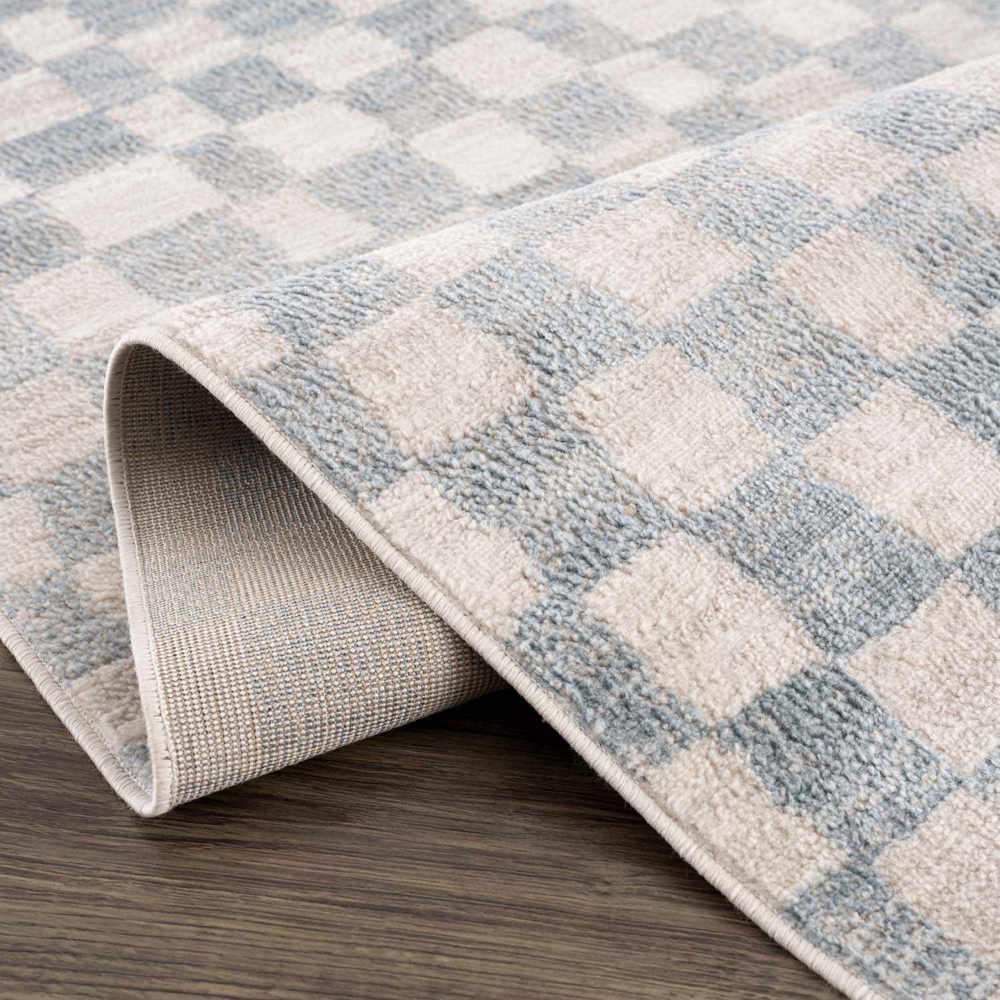 Cream Light Blue Checkered Area Rug