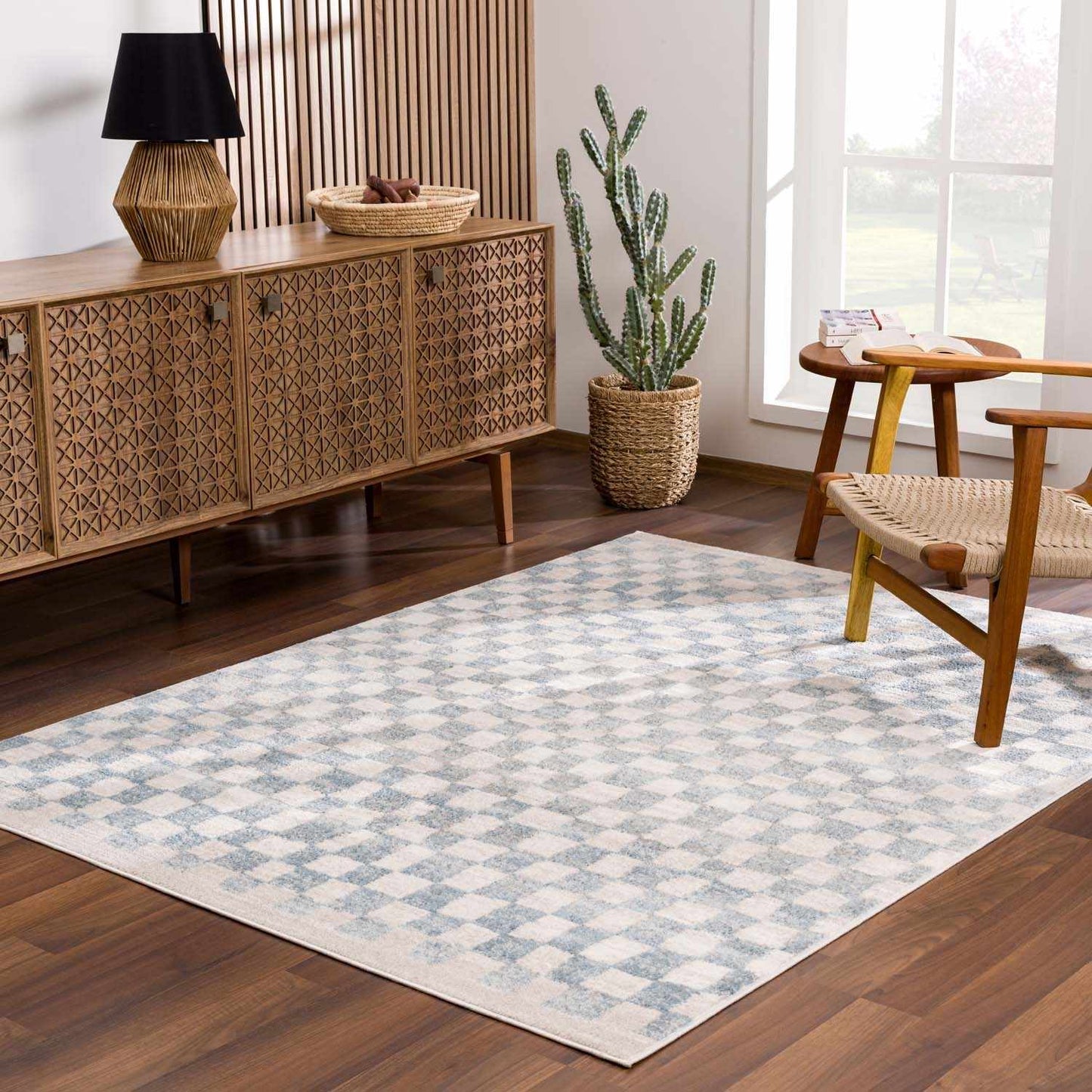 Cream Light Blue Checkered Area Rug
