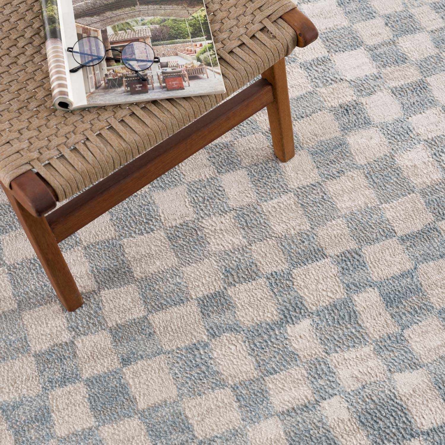 Cream Light Blue Checkered Area Rug
