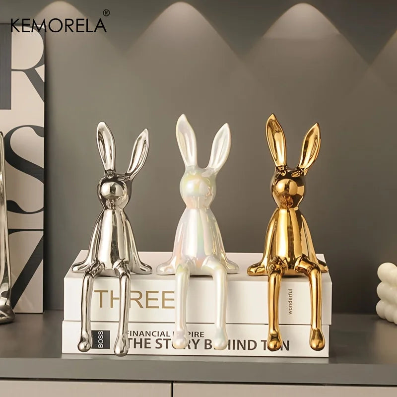 Ceramic Long-Eared Sitting Rabbit Statue Luxury Home Decor Ornament