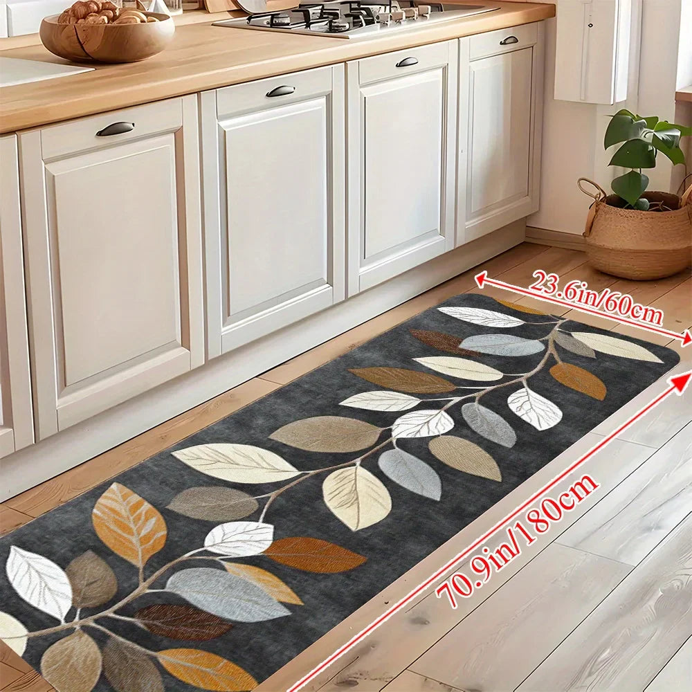 Grey Leaf Pattern Kitchen Runner Rug Mat