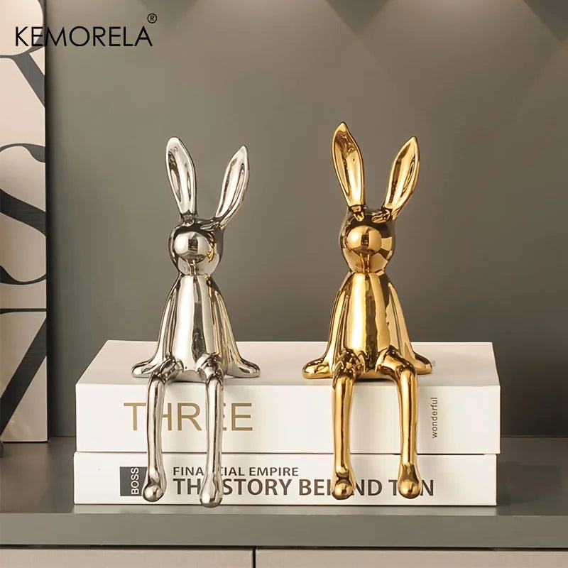 Ceramic Long-Eared Sitting Rabbit Statue Luxury Home Decor Ornament