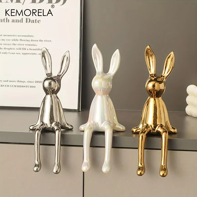 Ceramic Long-Eared Sitting Rabbit Statue Luxury Home Decor Ornament