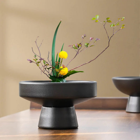 Retro Black Ceramic Vase Plant Pot Tabletop Home Decor Ornament