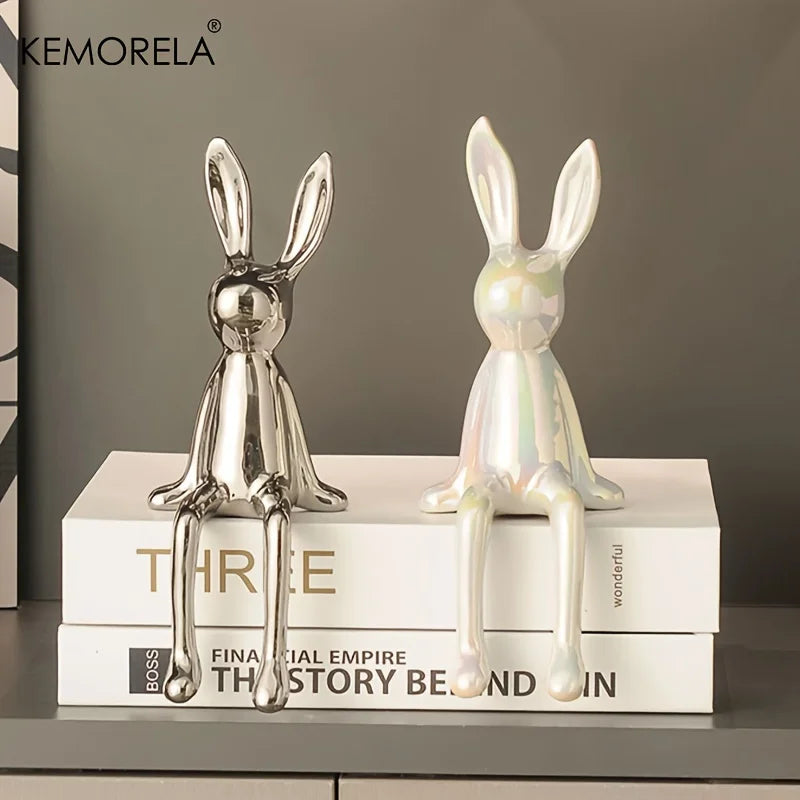 Ceramic Long-Eared Sitting Rabbit Statue Luxury Home Decor Ornament