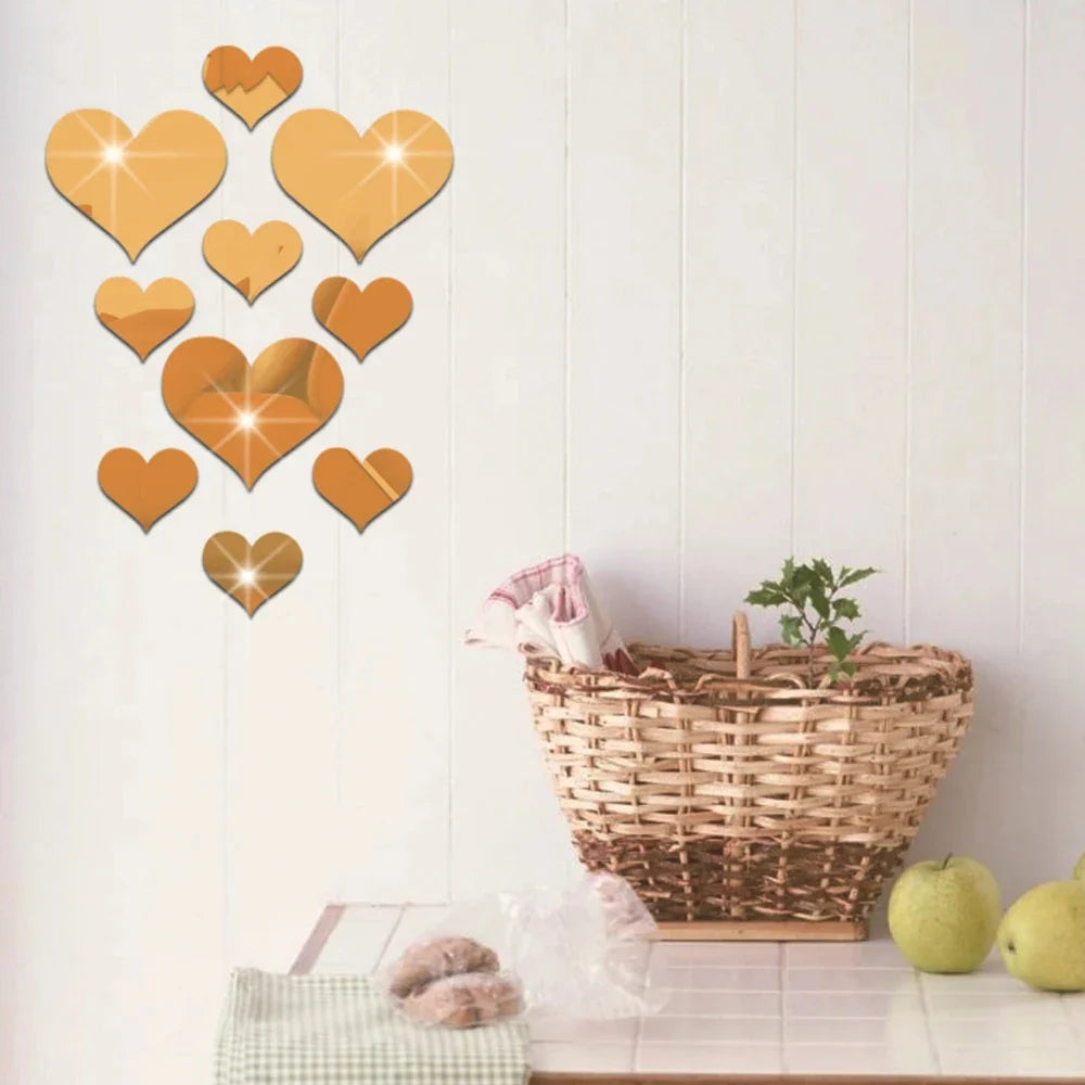 10Pcs Acrylic Love Heart Mirror Wall Stickers Decor