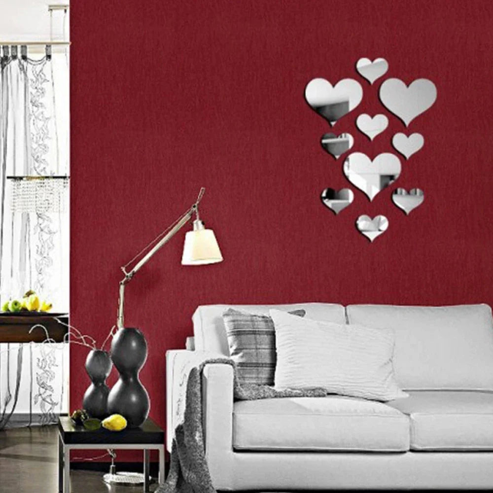 10Pcs Acrylic Love Heart Mirror Wall Stickers Decor