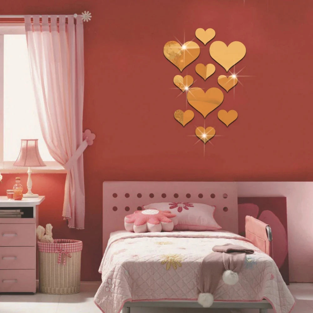 10Pcs Acrylic Love Heart Mirror Wall Stickers Decor