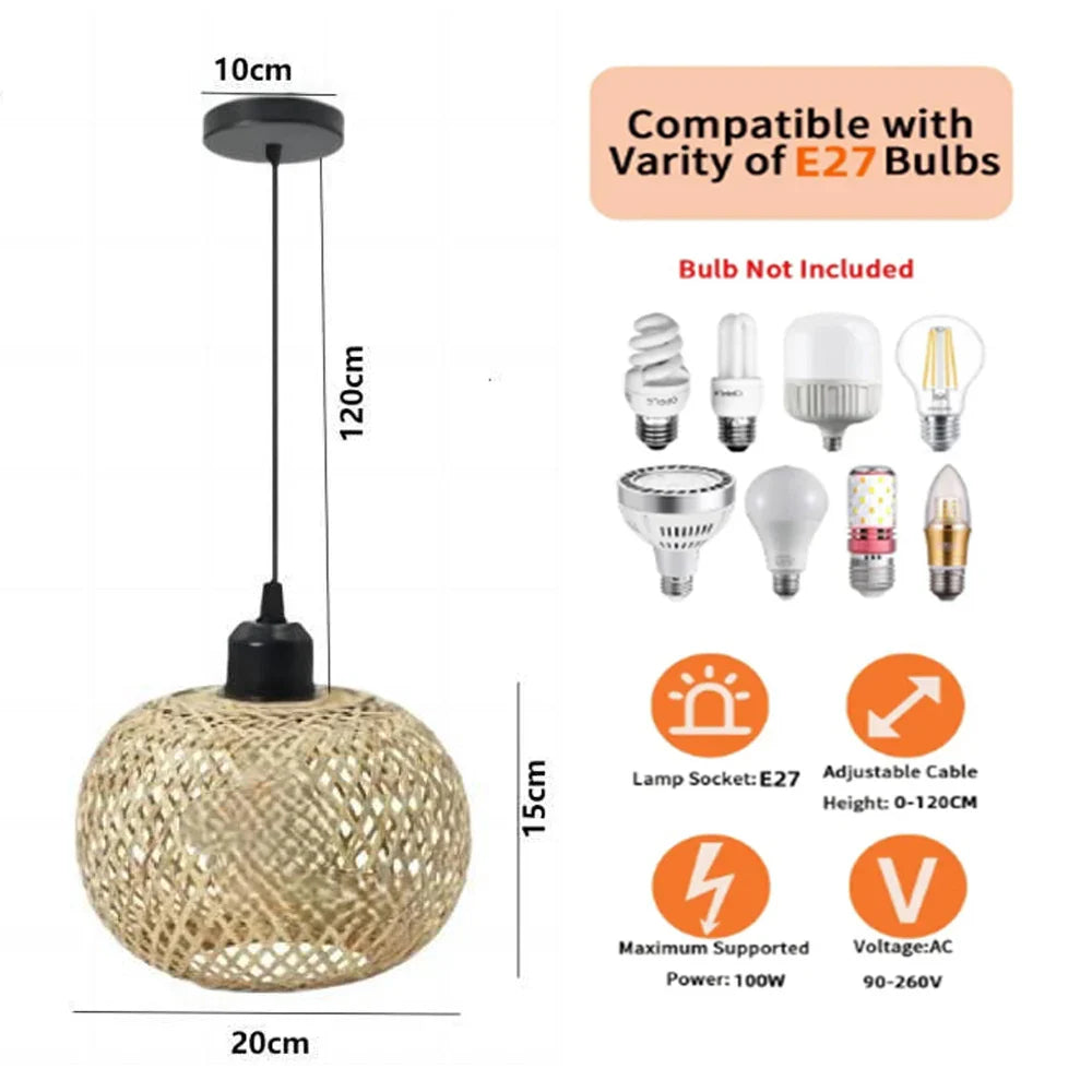 Handmade Bamboo Pendant Lamp Rattan Chandelier Indoor Lighting