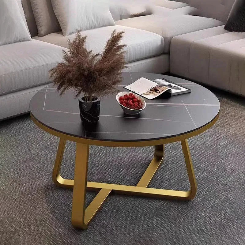 Nordic Round Black Coffee Table with Marble Effect