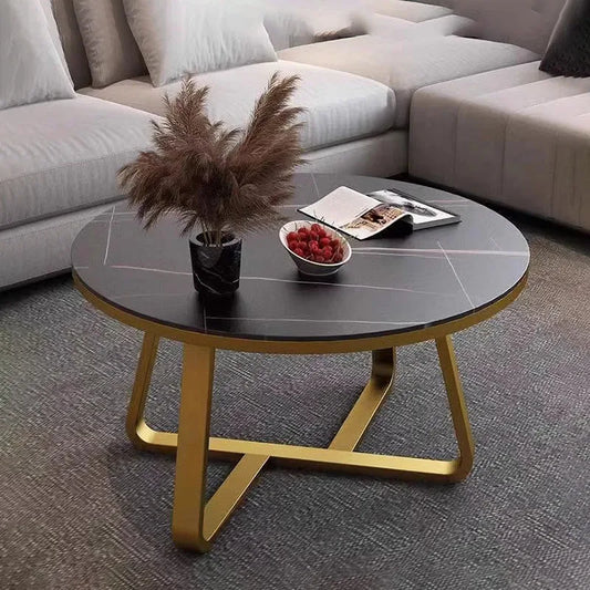 Nordic Round Black Coffee Table with Marble Effect