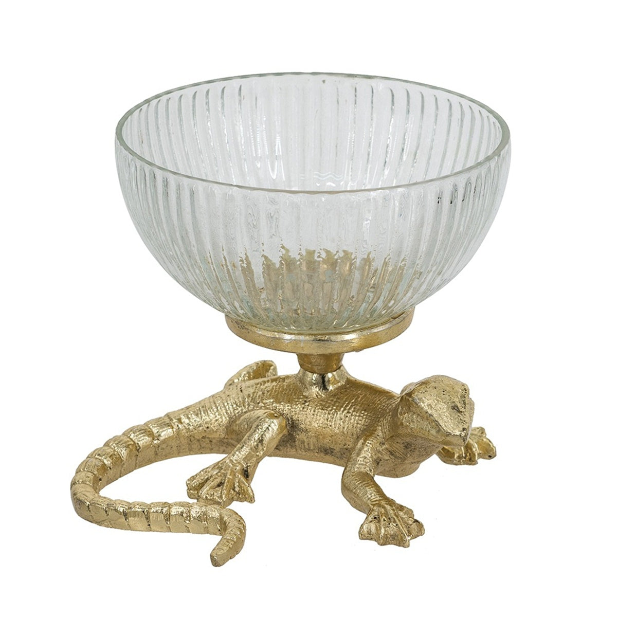 Gold Lizard Pedestal Bowl Ribbed Glass Dish Decorative Home Accent