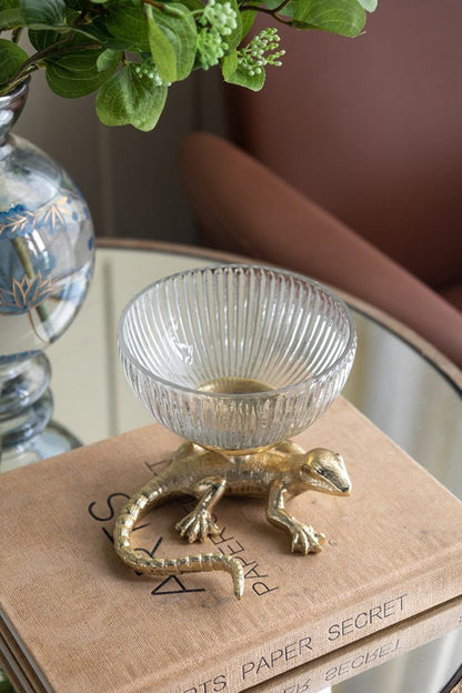 Gold Lizard Pedestal Bowl Ribbed Glass Dish Decorative Home Accent
