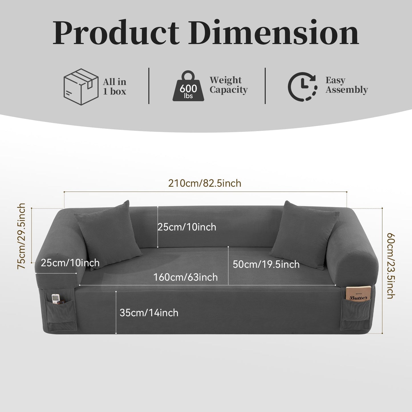 Gray Spring Sofa with Fabric Pillows and Storage