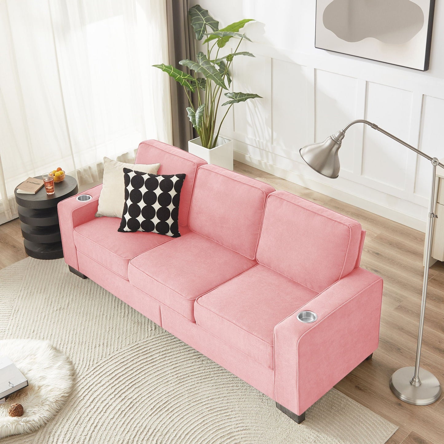 Modern Snowfleece 3-Seater Sofa with Built-In Cup Holders