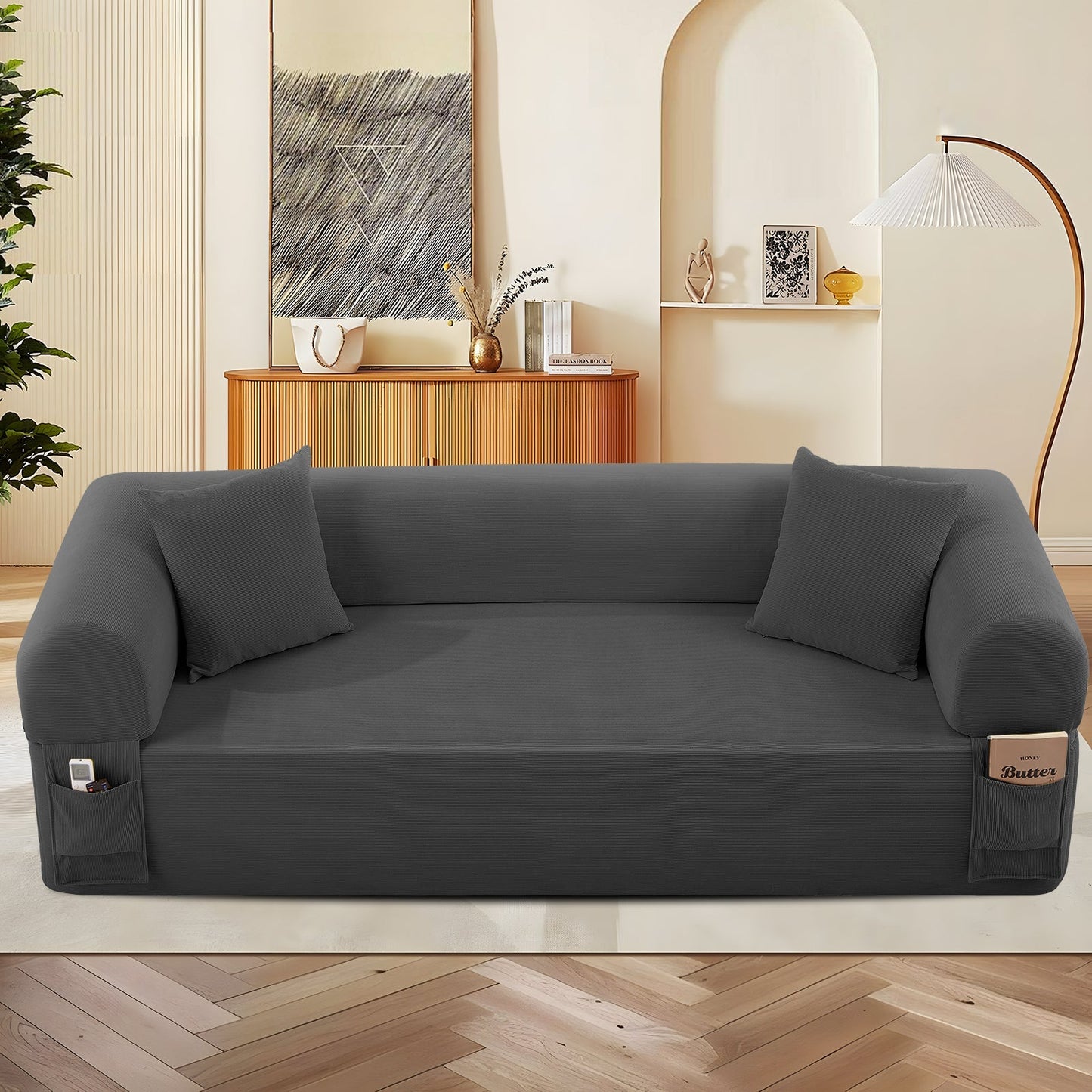Gray Spring Sofa with Fabric Pillows and Storage