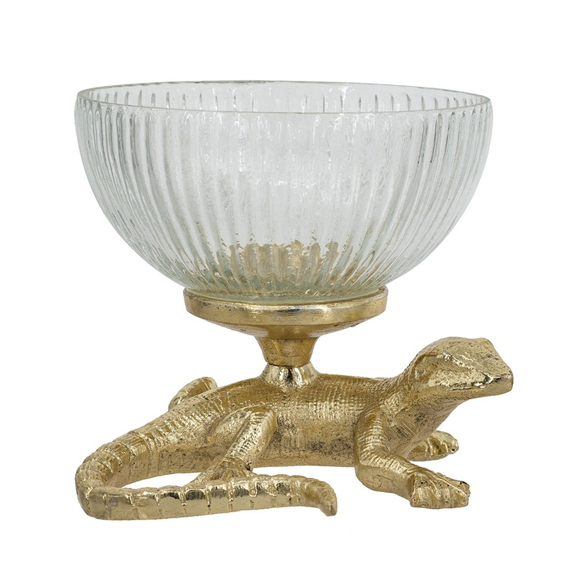 Gold Lizard Pedestal Bowl Ribbed Glass Dish Decorative Home Accent