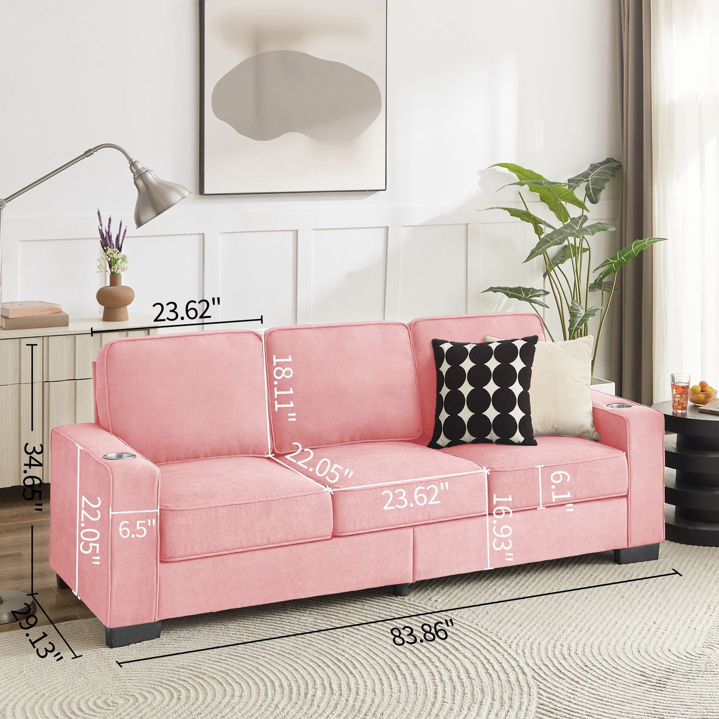 Modern Snowfleece 3-Seater Sofa with Built-In Cup Holders